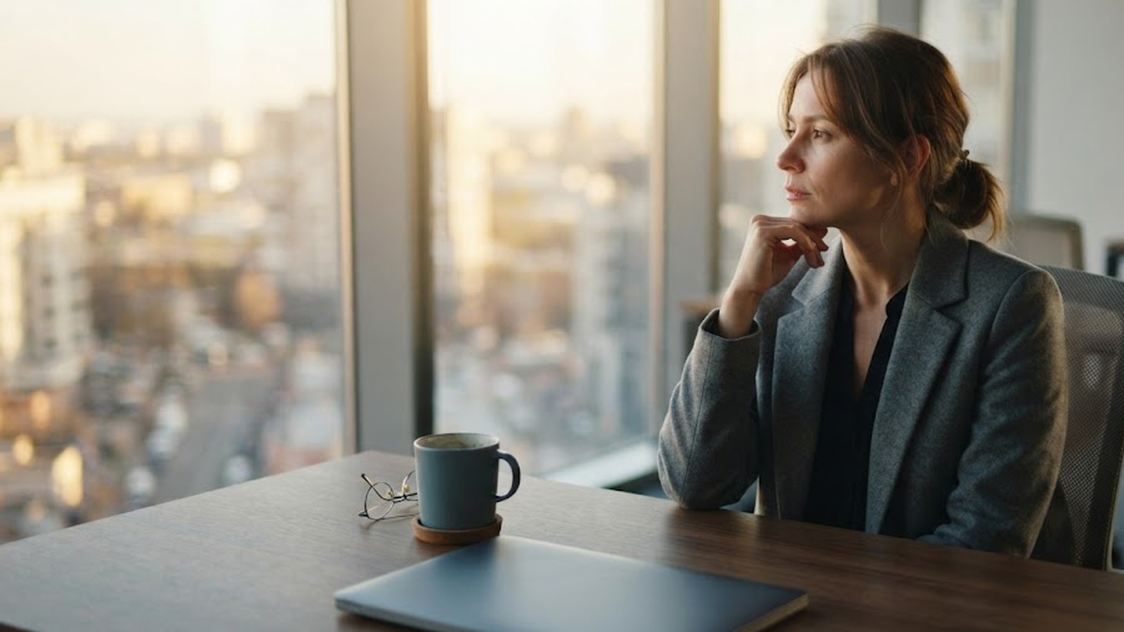 Woman in a grey blazer at an office desk looking thoughtfully out of a window at the city